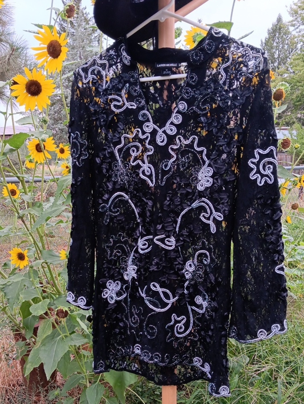 Lauren Michelle Black Lace Tunic with White Embroidery and Beadwork